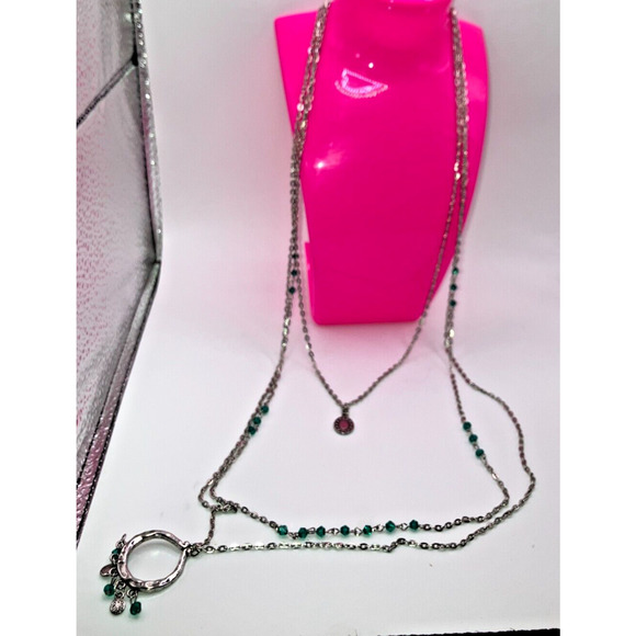 Green Crystal Silver-Tone Layered Chain 27" Necklace! - Picture 2 of 7